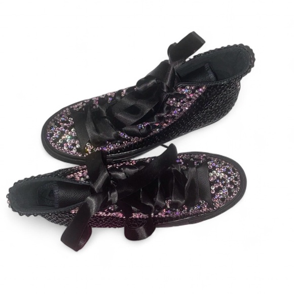 Jet Black & Pink Crystal High Top Converse Sizes 5-14 New In Box - Picture 2 of 13